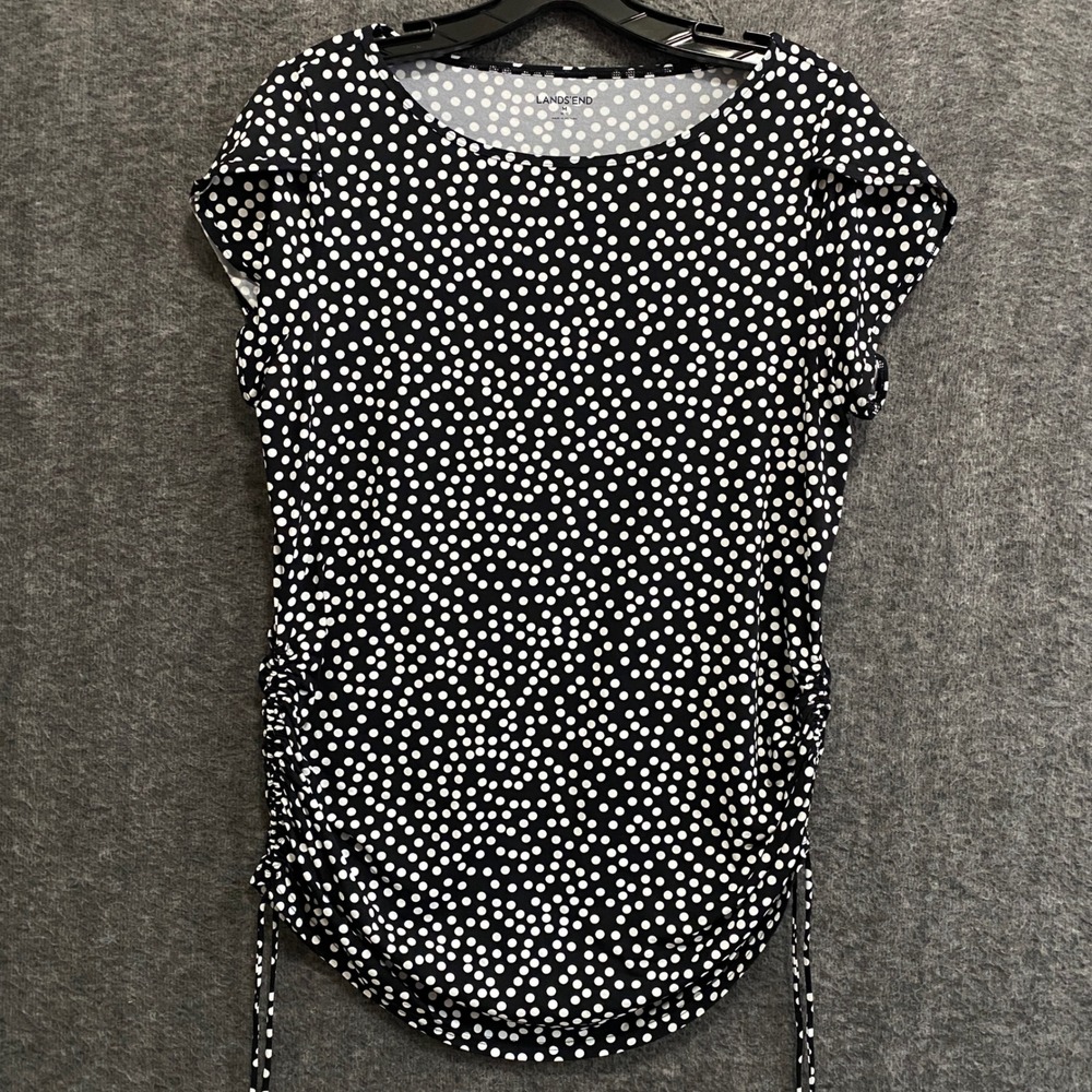 Lands End Swim Top Womens M Black Polka Dot Ruched Tie Cap Sleeve Beach Vacation